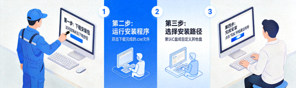技术人员正在指导用户进行软件安装的步骤演示