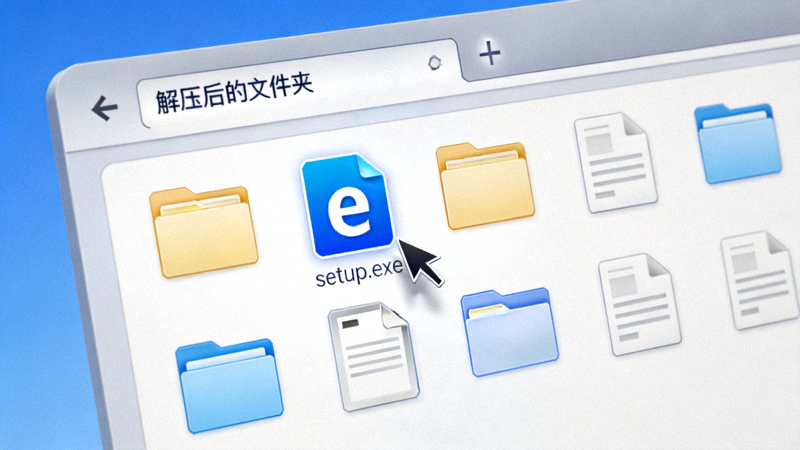 Windows文件资源管理器窗口，显示解压后的文件夹内容，用户鼠标指针正指向setup.exe安装文件