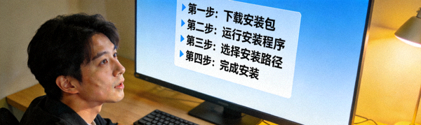 新手用户面对电脑屏幕，屏幕上显示清晰易懂的软件安装教程界面